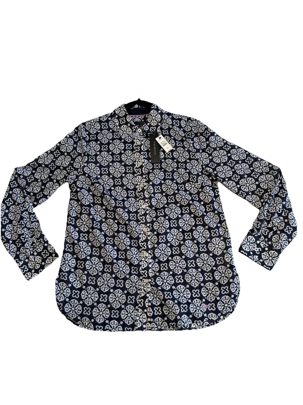 Talbots Button Up Shirt Womens XS Blue Geometric Print Long Sleeve Cotton Preppy